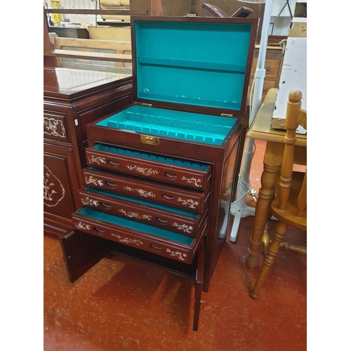 535 - Rosewood with Mother of Pearl Inlaid Canteen Cabinet with Four Drawers, Twin Cupboard & Lift Top - 3... 