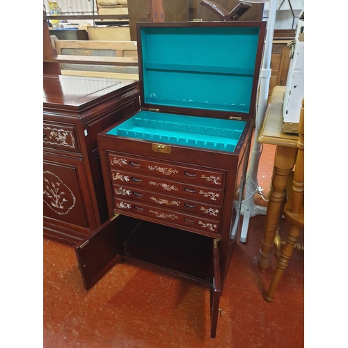 535 - Rosewood with Mother of Pearl Inlaid Canteen Cabinet with Four Drawers, Twin Cupboard & Lift Top - 3... 