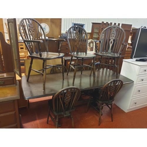 545 - Large Dark Oak Refectory Dining Table with 6 Spindle & Wheel Back Chairs & 2 Matching Carvers - 30