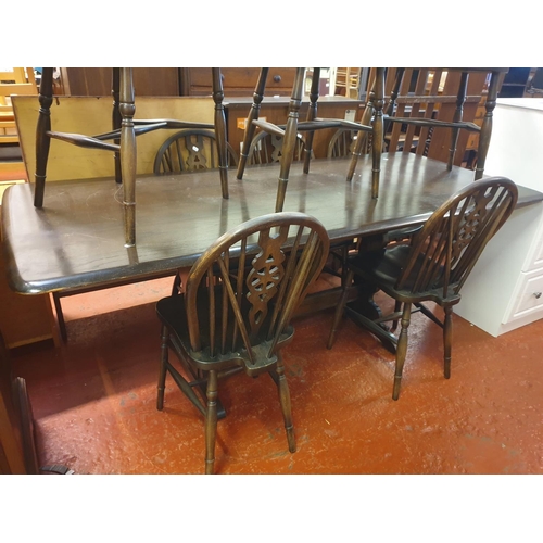 545 - Large Dark Oak Refectory Dining Table with 6 Spindle & Wheel Back Chairs & 2 Matching Carvers - 30