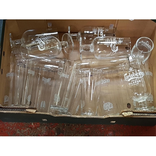 57 - Box of Assorted Branded Pub Glasses Including Somersby, Carlsberg, Angelo.