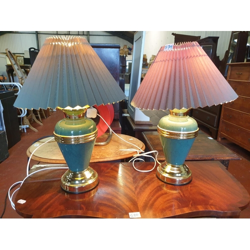 579 - Pair of Green & Brass Effect Based Touch Table Lamps with Shades.