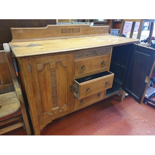 591 - Carved Front Oak Sideboard with Three Centre Drawers Flanked by Two Cupboards - approx 3ft tall x 54... 