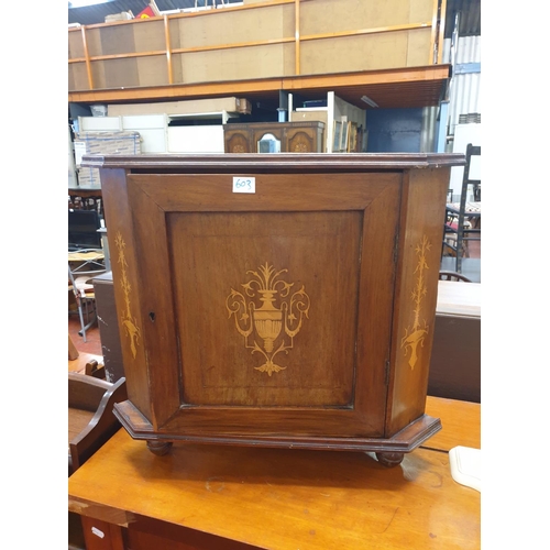 603 - Inlaid Wall Hanging Corner Cabinet - approx 54cm tall, 58cm wide & 36cm deep.