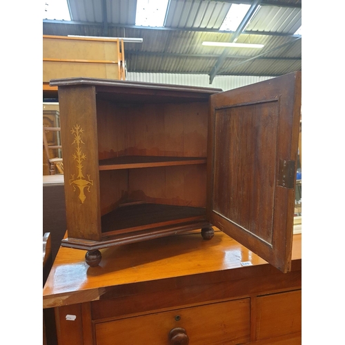 603 - Inlaid Wall Hanging Corner Cabinet - approx 54cm tall, 58cm wide & 36cm deep.