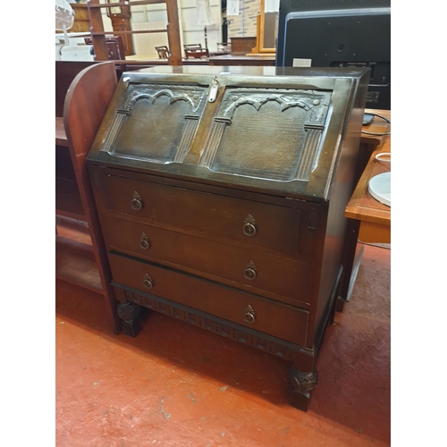 608 - Vintage Dark Oak Writing Bureau with Three Drawers Under Drop Front.