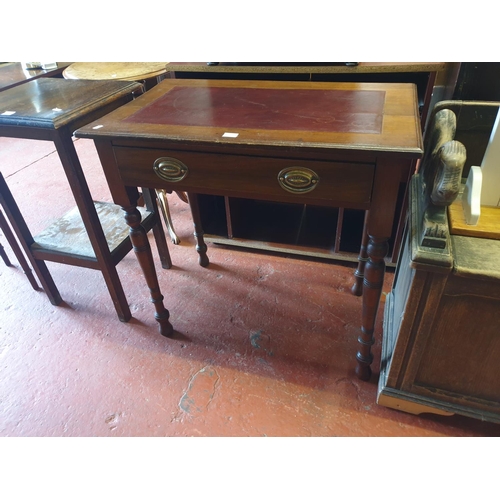 620 - Mahogany Single Drawer Desk with Burgundy Leather Inlay - approx 72cm tall, 76cm wide & 48cm deep.