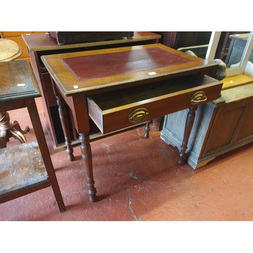 620 - Mahogany Single Drawer Desk with Burgundy Leather Inlay - approx 72cm tall, 76cm wide & 48cm deep.