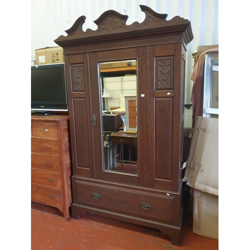 623 - Vintage Oak Single Mirrored Door Hall Robe with Under Drawer - Approx 87