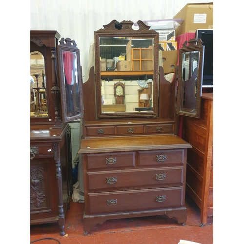 626 - Multi Drawer Vintage Oak Dressing Table with Triple Mirror Back - 32