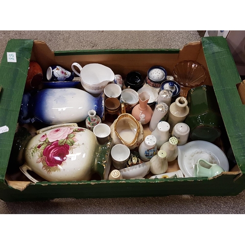 88 - Box of Assorted China Including Miniatures, Egg Cups, Salt & Pepper Shakers, Double Handled Vases et... 