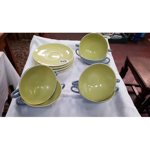 424 - Set of Six Poole Pottery Twin Tone Soup Bowls & Saucers.