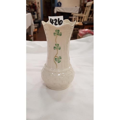 426 - Vintage Belleek Ireland Leaf Clover Vase - approx 30cm tall.