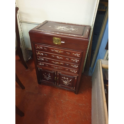 526 - Rosewood with Mother of Pearl Inlaid Canteen Cabinet with Four Drawers, Twin Cupboard & Lift Top - 3... 