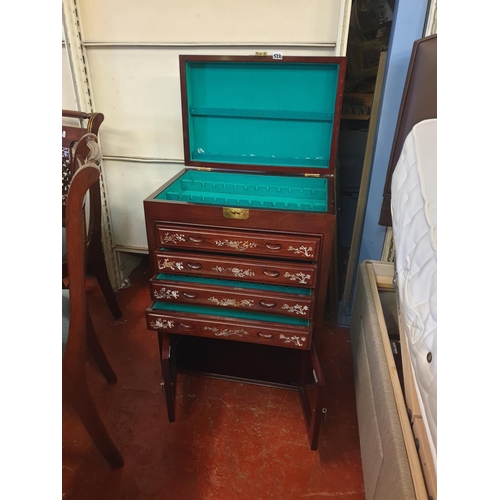 526 - Rosewood with Mother of Pearl Inlaid Canteen Cabinet with Four Drawers, Twin Cupboard & Lift Top - 3... 