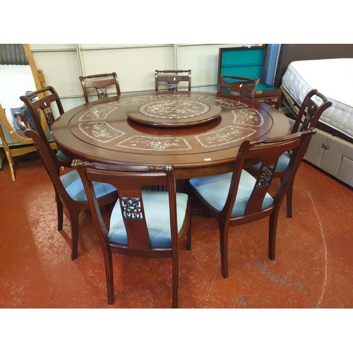 527 - Stunning Circular Oriental Rosewood Dining Table with Mother of Pearl Inlaid Detail, Lazy Susan Top ... 