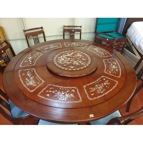 527 - Stunning Circular Oriental Rosewood Dining Table with Mother of Pearl Inlaid Detail, Lazy Susan Top ... 