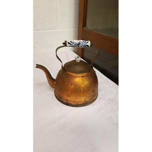 159 - Copper Jug, Copper Kettle with Ceramic Handle & Large Capodimonte Style Barge Teapot.