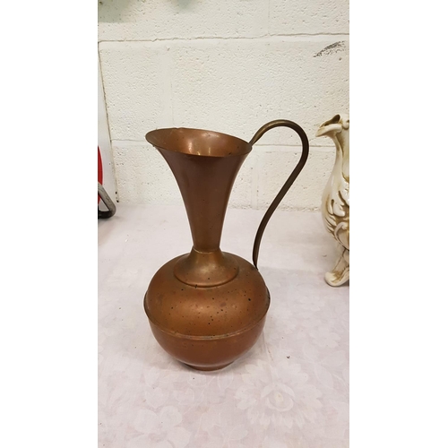 159 - Copper Jug, Copper Kettle with Ceramic Handle & Large Capodimonte Style Barge Teapot.