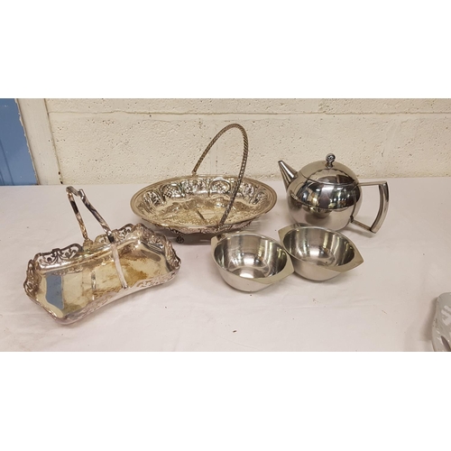 189 - Tray of Assorted Plated & Stainless Ware Including Teapot, Trays, Bowl etc.