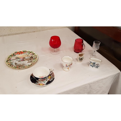 191 - Tray of Assorted China & Glassware Including Cranberry Glass, Royal Worcester, Minton etc.