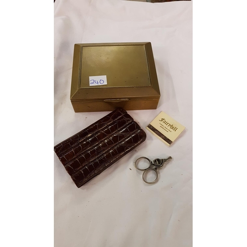 240 - Lined Brass Cigar Box, Cigar Case & Snippers.