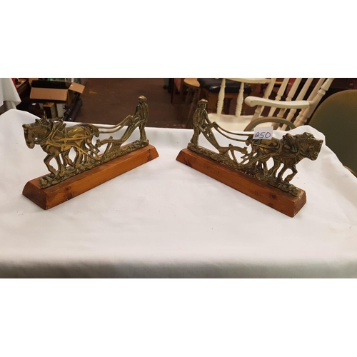 250 - Pair of Brass Ploughing Scenes on Wooden Plinths.