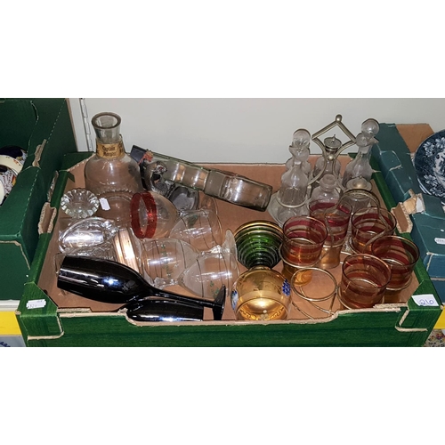 26 - Box of Assorted Glassware Including Langham Glass Paperweight, Decanters, Drinking Glasses etc.