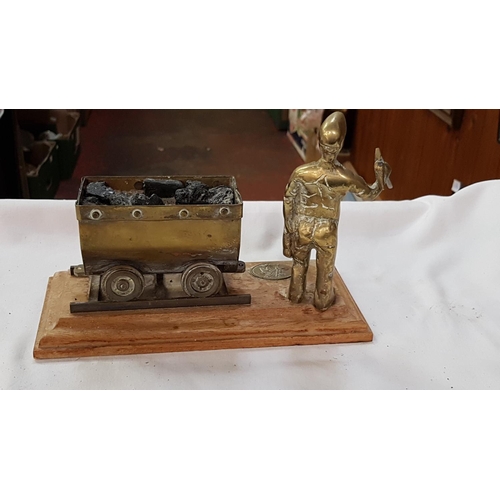 273 - Brass Miner & Cart Scene on Wooden Plinth.