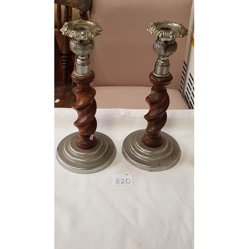 320 - Pair of Turned Wooden Candlesticks - approx 8.5