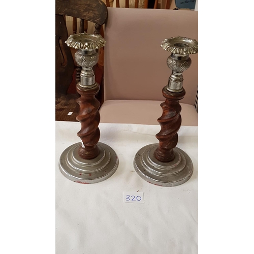 320 - Pair of Turned Wooden Candlesticks - approx 8.5