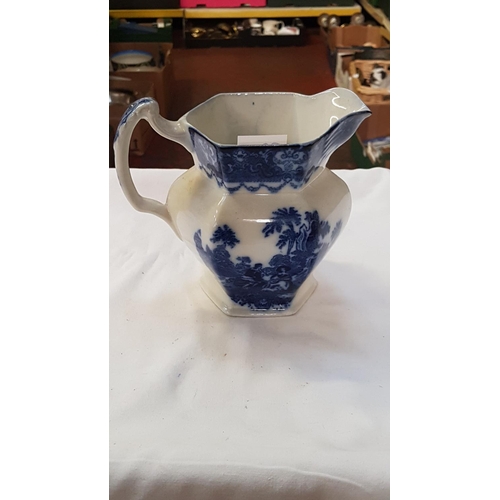 336 - Blue & White Watteau Water Jug - Small chip to rim.