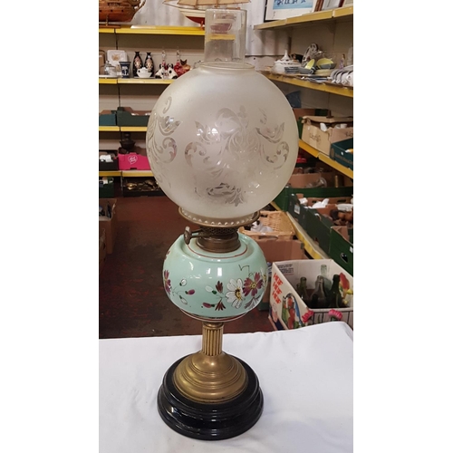 338 - Hand Decorated Brass Based Table Lamp with Milk Glass Bowl, Glass Chimney & Shade.