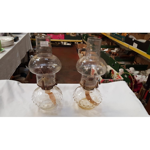 342 - Pair of Glass Based Single Burner Oil Lamps with Shades - approx 29.5cm tall.