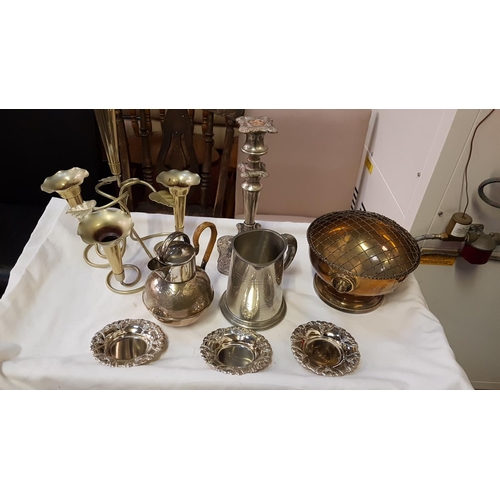 380 - Tray of Brass & Plated Ware to Include Epergne, Rose Bowl, Candlestick, Tankard & Coffee Pot etc.