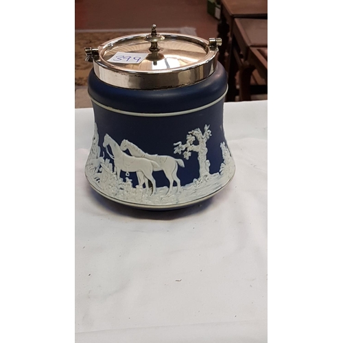 399 - Dark Blue & White Wedgwood Jasperware Ice Bucket with Plated Top.