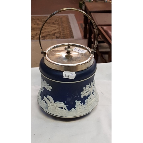 399 - Dark Blue & White Wedgwood Jasperware Ice Bucket with Plated Top.