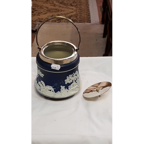 399 - Dark Blue & White Wedgwood Jasperware Ice Bucket with Plated Top.