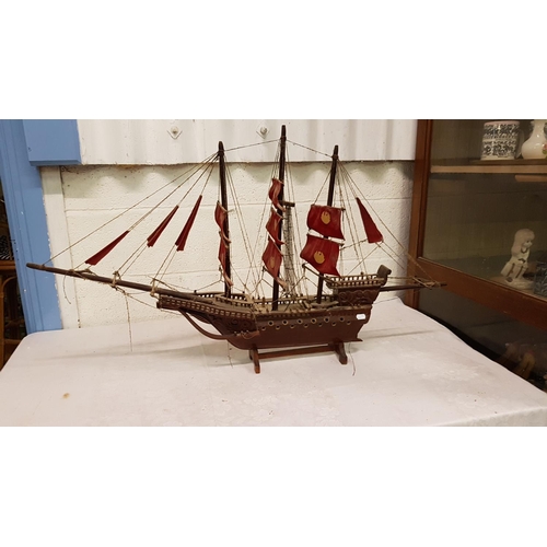 408 - Hand Made Tall Mast Galleon Wooden Ship - approx 26