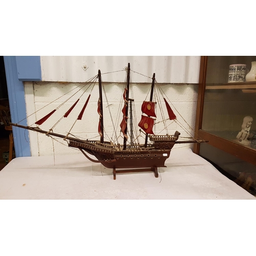 408 - Hand Made Tall Mast Galleon Wooden Ship - approx 26