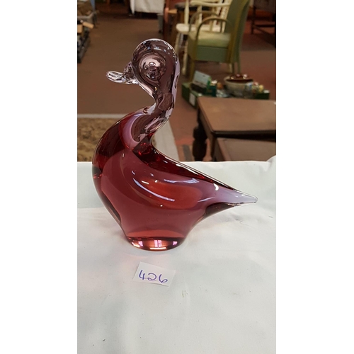 426 - Wedgwood Ruby Glass Duck Paperweight Height c.18.5cm (c.7.25”).