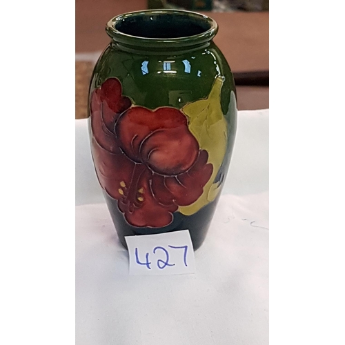 427 - Moorcroft Green Ground Ovoid Hibiscus Vase c.1953-1978 Height c.10.25cm (c.4.125”) Paper Label to Ba... 