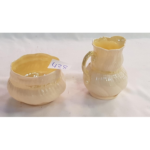 438 - Belleek First Green Mark Cob Lustre Ribbon Creamer and Sugar Bowl c.1946-1955.