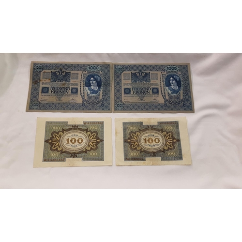 456 - Two Early 20th Century Austrian 1000 Kronen Bank Notes & Two Early 3oth Century German 100 Mark Note... 