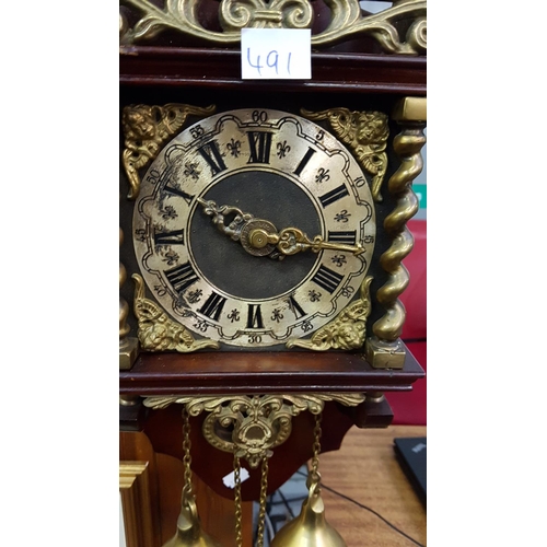 491 - Vintage German Mahogany & Brass Wall Clock with Weights.