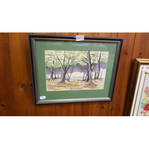 495 - Framed & Glazed Watercolour of Boy & Dogs in The Woods Signed DBS.