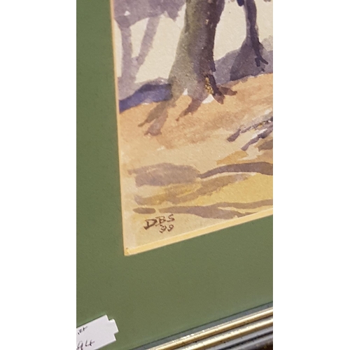 495 - Framed & Glazed Watercolour of Boy & Dogs in The Woods Signed DBS.