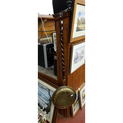 502 - Brass & Mahogany Long Handled Bed Warmer.