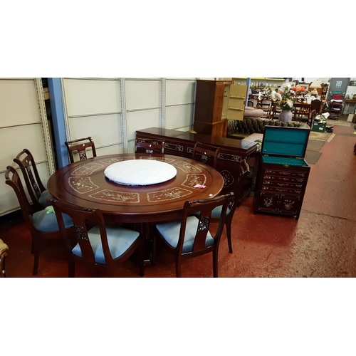 534 - Complete Dining Room Set Up of Gorgeous Rosewood with Mother of Pearl Inlay Comprising Dining Table,... 