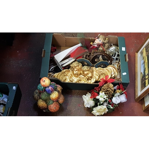 62 - Box to Include Ceramic Fruit, Vintage Picture Frames, Gilt Finished Angels Wall Plaque etc.